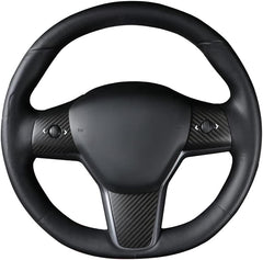 JSWAN Carbon Fiber Steering Wheel Decorative Panel Cover for Tesla Model 3 Model Y Steering Wheel Cover Car Interior Accessories (Matte Black 3 pcs)
