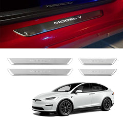 HANSSHOW Door Sill Protector with LED Light for Tesla Model 3 2017-2023, 4 Pieces Front/Rear Illuminated Door sill, Magnetically Controlled Illuminated Door Edge Guards Anti-Scratch