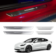 HANSSHOW Door Sill Protector with LED Light for Tesla Model 3 2017-2023, 4 Pieces Front/Rear Illuminated Door sill, Magnetically Controlled Illuminated Door Edge Guards Anti-Scratch
