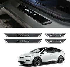 HANSSHOW Door Sill Protector with LED Light for Tesla Model 3 2017-2023, 4 Pieces Front/Rear Illuminated Door sill, Magnetically Controlled Illuminated Door Edge Guards Anti-Scratch