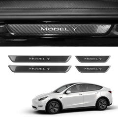 HANSSHOW Door Sill Protector with LED Light for Tesla Model 3 2017-2023, 4 Pieces Front/Rear Illuminated Door sill, Magnetically Controlled Illuminated Door Edge Guards Anti-Scratch