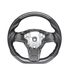 Customized Steering Wheel for Tesla Model 3 Matte Black Carbon Fiber and Black Leather