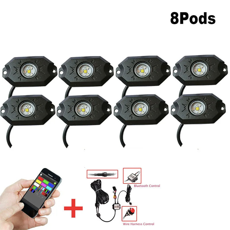 Factory Custom 12v 24v App Control RGBW Led Rock Light 4/8/12/16Pods Car Underglow Light For Truck Boat Atv Suv