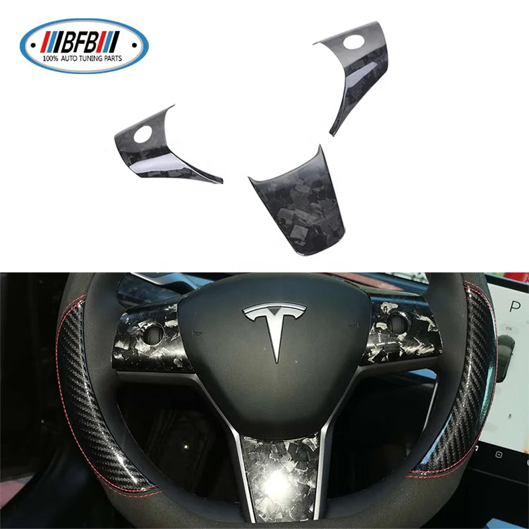 3 Pcs Forged Carbon Fiber Car Steering Wheel Cover For Tesla Model 3 Model Y Steering Wheel Trims
