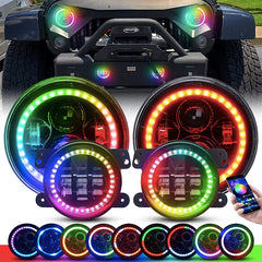 Round RGB Halo Chasing 7 Inch Headlight and 4 Inch Fog Light Set Kit By App Control H4 To H13 Plug For J eep W rangler JK