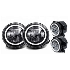 Round RGB Halo Chasing 7 Inch Headlight and 4 Inch Fog Light Set Kit By App Control H4 To H13 Plug For J eep W rangler JK