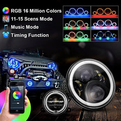 Round RGB Halo Chasing 7 Inch Headlight and 4 Inch Fog Light Set Kit By App Control H4 To H13 Plug For J eep W rangler JK
