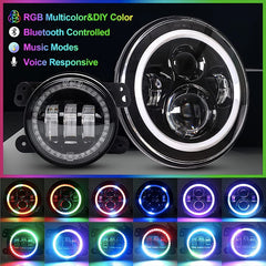 Round RGB Halo Chasing 7 Inch Headlight and 4 Inch Fog Light Set Kit By App Control H4 To H13 Plug For J eep W rangler JK