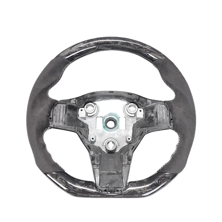 Customized Steering Wheel for Tesla Model 3 Matte Black Carbon Fiber and Black Leather