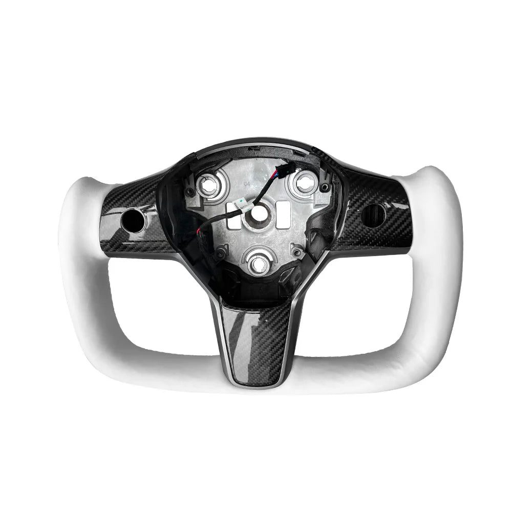 Matte Carbon Fiber With White Leather Yoke Steering Wheel For Tesla Model 3 Customized Steering Wheel With Heating 2019+
