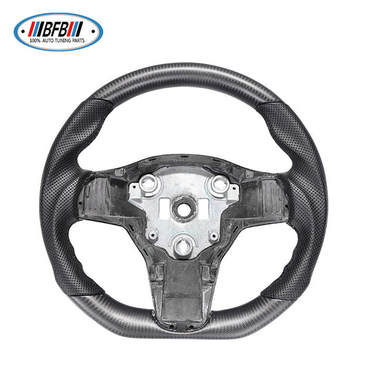 100% Real Carbon Fiber Black Steering Wheel with Black Perforated Leather and Black Stitching - For Tesla Model Y - Steering Wheel Modification