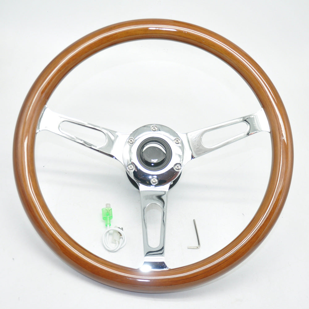 Classic Vintage Car Steering Wheel - 350MM 14 Inch 6 Hole Universal Brown Stainless Steel Spokes Bright Chrome Wood - One Piece