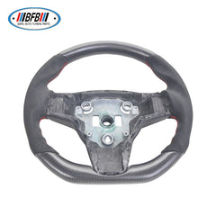 100% Real Carbon Fiber Matte Black Steering Wheel with Black Suede and Red Stitching - For Tesla Model Y - Steering Wheel Modification