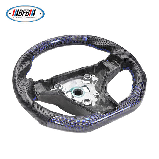 100% Real Carbon Fiber Blue Glossy Black Perforated Steering Wheel Cover - For Tesla Model 3 Y - Blue Leather Stitching Modification
