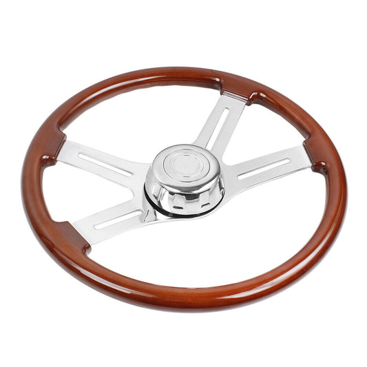 18"/455mm Wood Steering Wheel Chrome 4 Spoke for Truck Freightliner