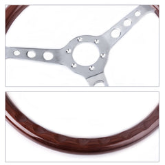 380mm 15" 6 Hole Chrome Dark Steering Wheel Real Wood Grip without Horn Button