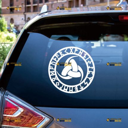 Odin Horn Sticker Decal Vinyl, Triple Horn, Runic Circle, Norse Viking – Custom Choose Size Color – For Car Laptop Window Boat – Die Cut No Background