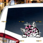 Peeking Cat Face Sticker Decal Vinyl With Pink Ribbon Heart Glasses, Black Car Rear Windshield Window – For Car Truck Bumper Bike Laptop – Custom, Choose Size, Reflective or Glossy 81031351