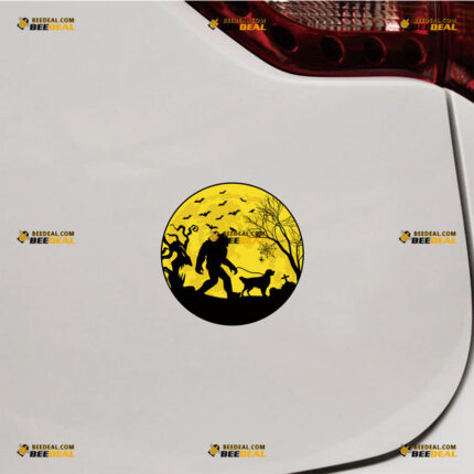 Bigfoot Sasquatch Sticker Decal Vinyl Night Moon Walking Golden Retriever, Halloween Funny – For Car Truck Bumper Bike Laptop – Custom, Choose Size, Reflective or Glossy