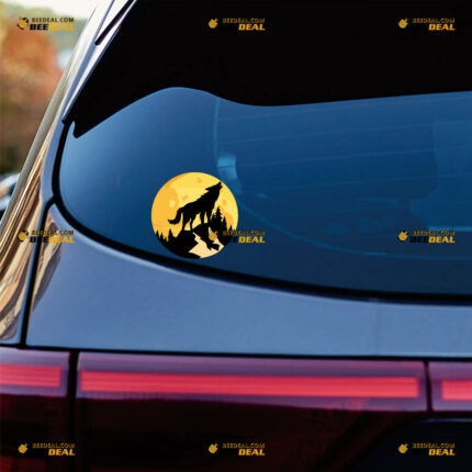 Night Moon Wolf Howling Sticker Decal Vinyl Wolves Mountain Pine Trees – For Car Truck Bumper Bike Laptop – Custom, Choose Size, Reflective or Glossy