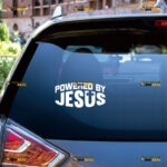 Powered By Jesus Sticker Decal Vinyl Cross Curved Text, God Christ – For Car Truck Bumper Bike Laptop – Custom, Choose Size Color – Die Cut No Background