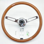 Classic Car Wood Steering Wheel - Bright Plated Brown Stainless Steel Spokes 380MM 15 Inch 6 Holes Universal - Image 6