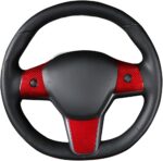 JSWAN Carbon Fiber Steering Wheel Cover for Tesla Model 3 Model Y Interior Accessories Parts Steering Wheel Panel Cover Sticker (Bright Red 1 Set (NOM)) - Image 2