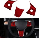 JSWAN Carbon Fiber Steering Wheel Cover for Tesla Model 3 Model Y Interior Accessories Parts Steering Wheel Panel Cover Sticker (Bright Red 1 Set (NOM)) - Image 3