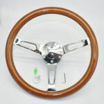 Classic Vintage Car Steering Wheel - 350MM 14 Inch 6 Hole Universal Brown Stainless Steel Spokes Bright Chrome Wood - One Piece