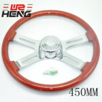 Truck Steering Wheel - Classic Red Brown Stainless Steel Bright Spokes Bright Plated Peach Wood 450MM 18 Inch
