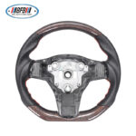 100% Real Carbon Fiber Red Glossy Black Perforated Steering Wheel Cover - For Tesla Model 3 Y - Red Leather Stitching Modification - Image 6