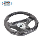 100% Real Carbon Fiber Steering Wheel Modification - For Tesla Model 3/Y - Black Perforated Leather Brown Stitching Marble Forged Pattern - Image 3