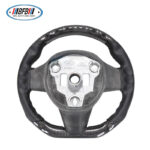 100% Real Carbon Fiber Glossy Black No-Hole Steering Wheel Cover - For Tesla Model 3 Y - Black Leather Stitching Modification - Image 5