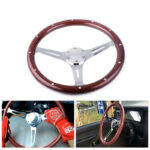 380mm 15" 6 Hole Chrome Dark Steering Wheel Real Wood Riveted Grip w/ Horn