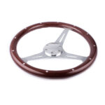 380mm 15" 6 Hole Chrome Dark Steering Wheel Real Wood Riveted Grip w/ Horn - Image 2